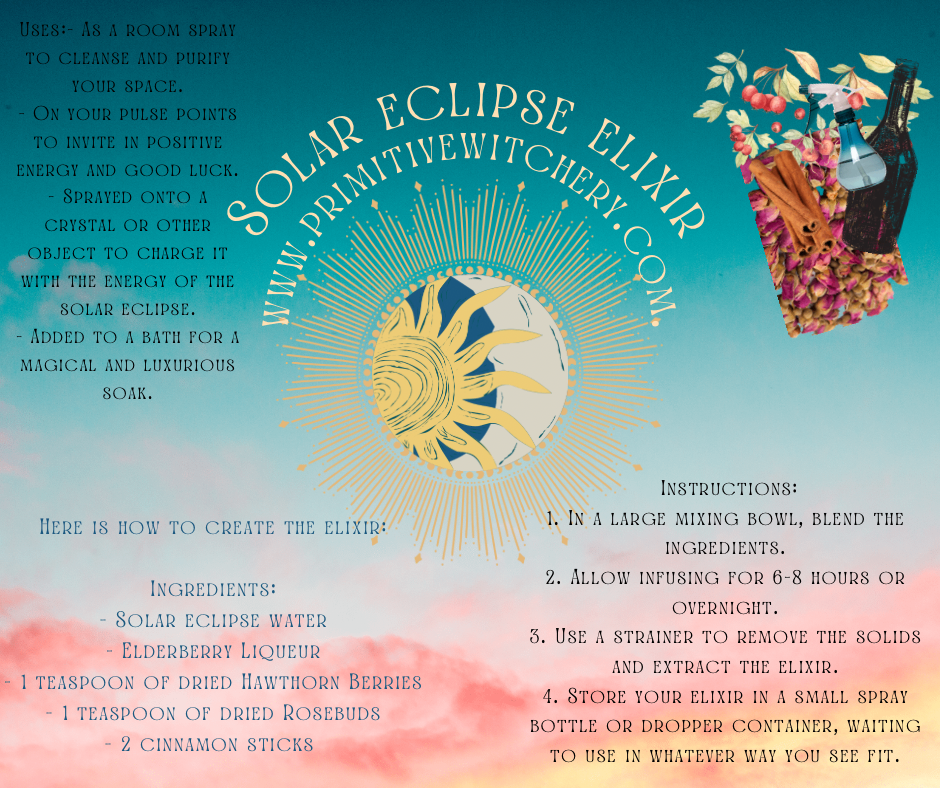 Solar Eclipse Elixir infographic — ingredients, instructions, and uses for a magical solar eclipse preparation by Primitive Witchery